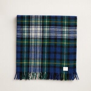 Faribo 100% Wool Tartan Plaid Fringe Blanket Throw Blue Green Vintage USA